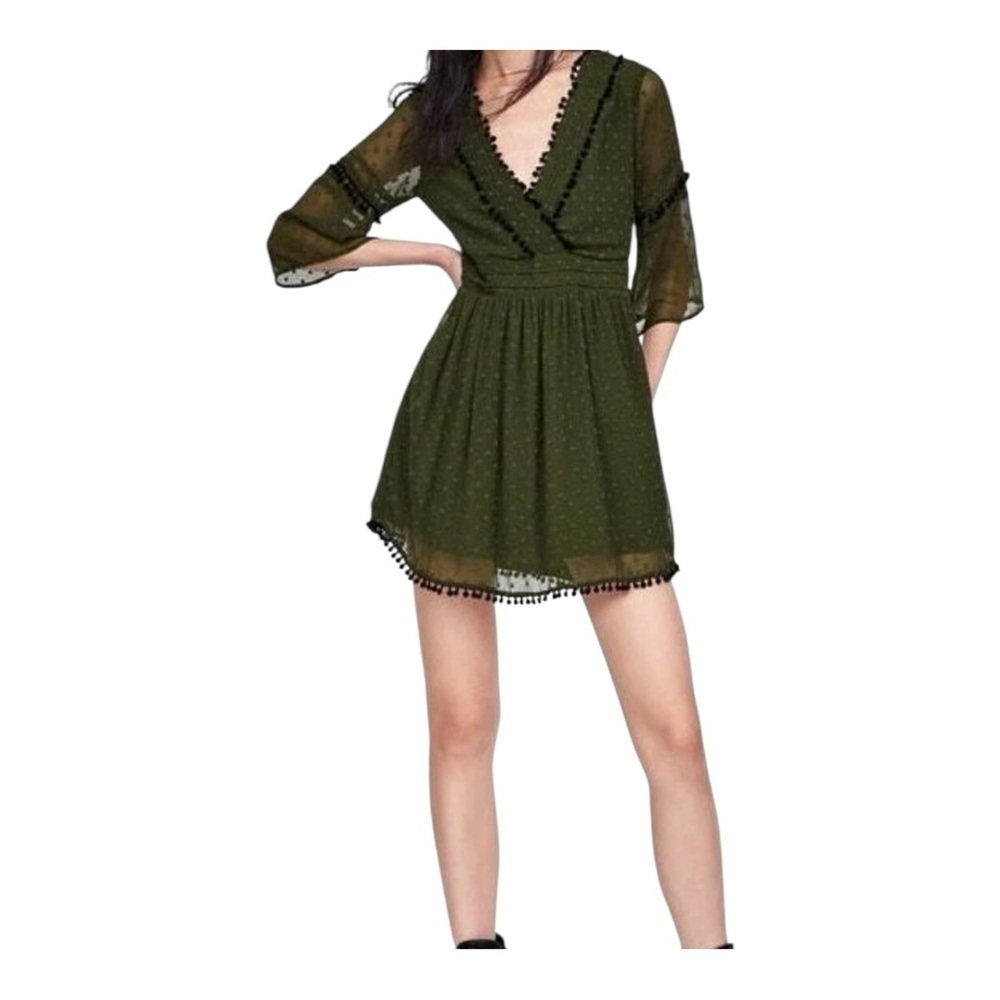 Zara Green Wrap Mini Dress with Ruffled Bishop Sleeves